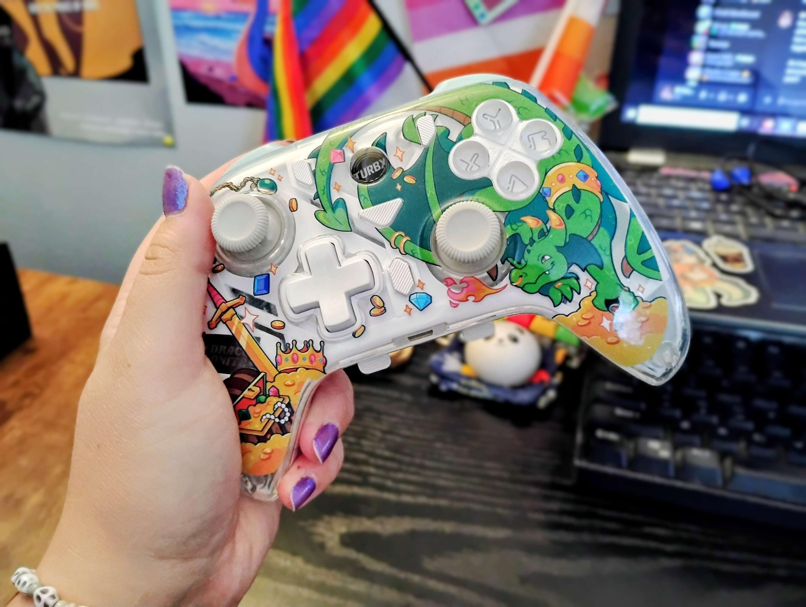Turbx Controller Gaming controller featuring my artwork, a dragon and treasure hoard illustration.