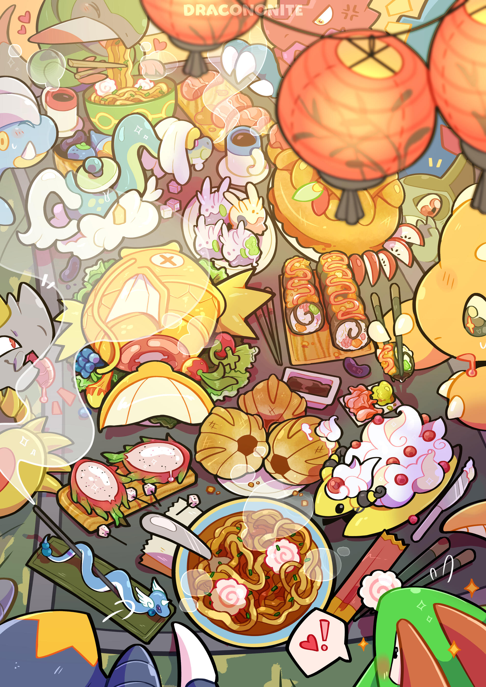 HERE BE DRAGONS! Illustration of a buffet on a kotatsu table, surrounded by dragon-type Pokemon. Lanterns glow overhead. Food items include a Drampa teapot, shiny Magikarp, sushi, dragonfruit, ramen and more.